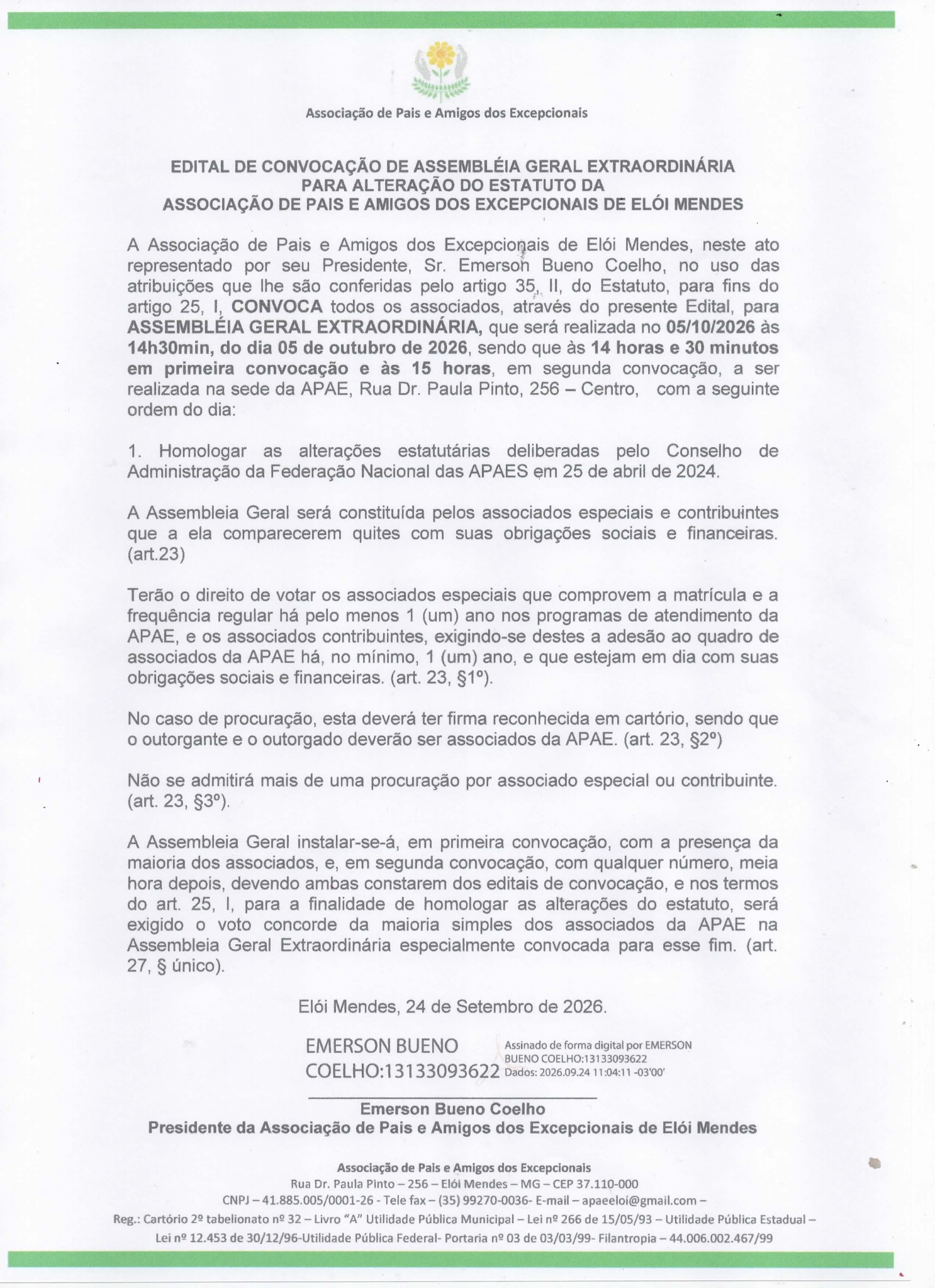 Edital oficial de convocação da Assembleia Geral Extraordinária da APAE de Elói Mendes, em 5 de outubro de 2026, na Rua Dr. Paula Pinto, 256, Centro.